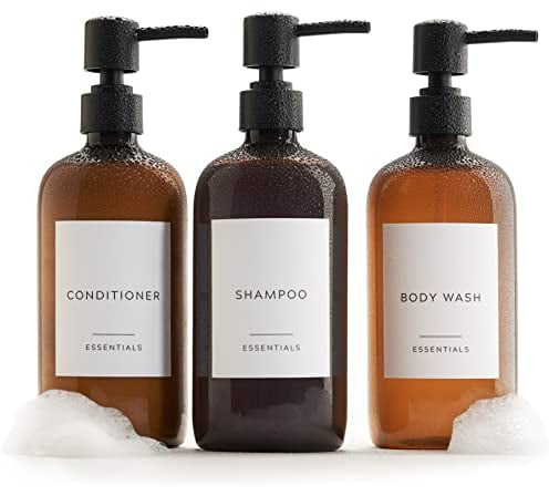 Elegante dispenser per shampoo e balsamo, set da 3, moderno sapone da doccia da 600 ml, bottiglie in PET con pompa ed etichette, facile da riempire con dispenser per doccia istantaneo