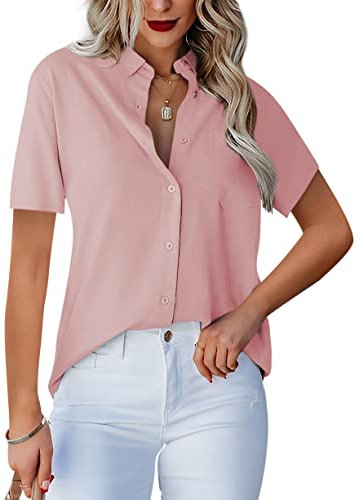 Homlan - Camicia da Donna con Scollo a V, a Maniche Corte, Elegante e Casual, con Bottoni, in Tinta Unita e con Tasca sul Petto, Colore: Rosa., L