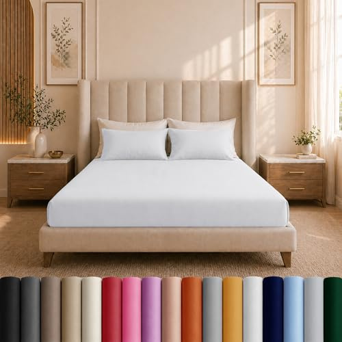 Moonlight Bedding Double Fitted Sheet - 25cm Deep Pockets Ultra Soft Brushed Microfiber White Double Fitted Bed Sheets Breathable, Fade Resistant Easy Care Double Bed Sheet (137 x 190 Cm)