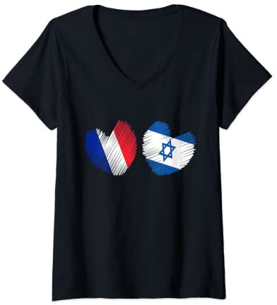 Femme Israël France Coeur Drapeau France Drapeau Israélien Amour Coeur T-Shirt avec Col en V