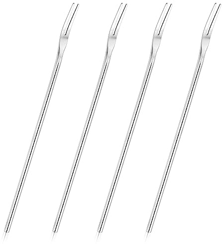22 cm Edelstahl-Gabel mit 2 Zinken, Obst-/Dessertgabel, Gurke, Salat, Eis, mit rundem, solidem langem Griff, silberfarben, 4 Stück