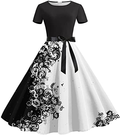 Rockabilly Kleider Damen A-Line Retro-Kleidung Vintage Partykleid Swing Festlich Blumendruck Cocktailkleid Elegant 50er Jahre Petticoat Kleid Ballkleid Kurzarm Hohe Taille Sommer Abendkleid