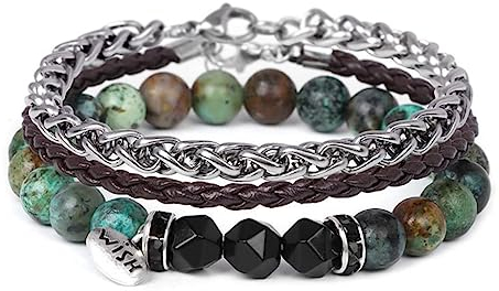 FANCIBAND Bracciale Uomo Acciaio Inox e Perle Pelle Bracciali Regalo per Marito Fidanzato Fratello Personalizzato Bracciale uomo Pietre Naturali-Turchese