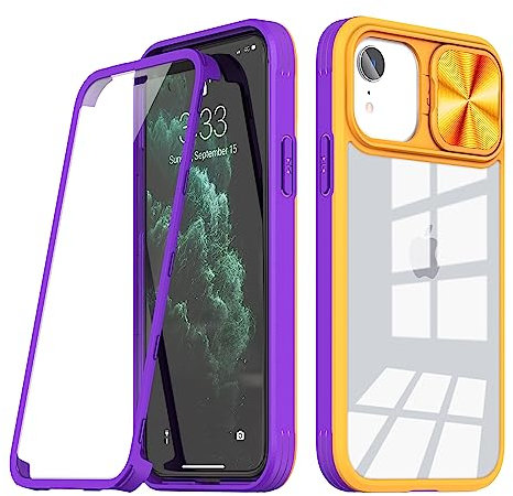 YmhxcY For iPhone XR Case,Full Body Heavy Duty Cover With Built-In Screen Protector,360° Full Body Rugged,Sliding camera protective cover,Transparent back,For iPhone XR 6.1 inch-Yellow+purple