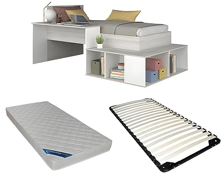 Vente-unique-Kombi-Bett 90 x 200 cm mit Stauraum & Schreibtisch + Lattenrost + Matratze - Holzfarben & Weiß - RIGALI