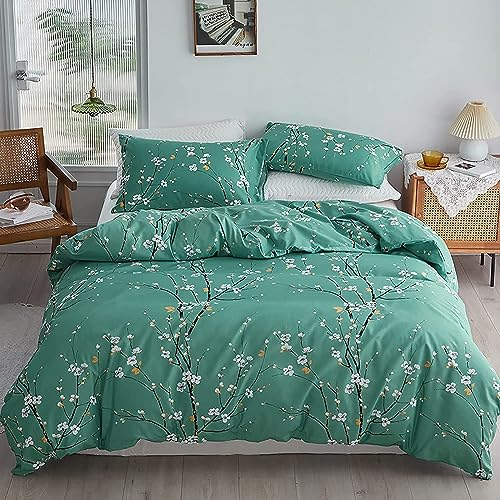 Freyamy Blumen Bettwäsche 135x200cm 2teilig Grün Pflaumenblüten Zweig Elegante Bettwaren-Sets Gebürstet Microfaser Weiche Bettwäsche Mädchen Bettbezug mit Reißverschluss und Kissenbezug 80x80cm