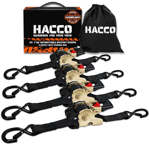 Haccoplanet 4Pk Retractable Ratchet Tie Down Straps 1 - 1500lbs Max Break Strength Autoretract Tie Downs with Coated S-Hooks for Motorcycles Cargo (6FT-4PK)