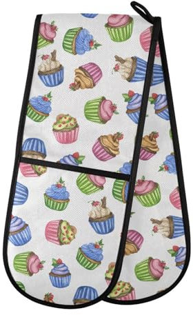 Double Oven Gloves Cupcakes White Heat Resistant Pot Holder Oven Mitt Gloves for BBQ Cooking Baking Grilling Microwave