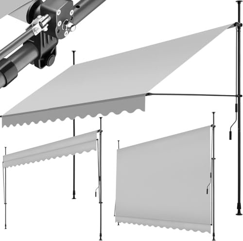 tectake® Toldo Terraza Manual Regulable en Altura con Manivela, Toldo Balcón sin Taladros, Extensible Terraza, Resistente a Rayos UV, Protección Solar y Repelente al Agua - 350 cm - Gris Claro