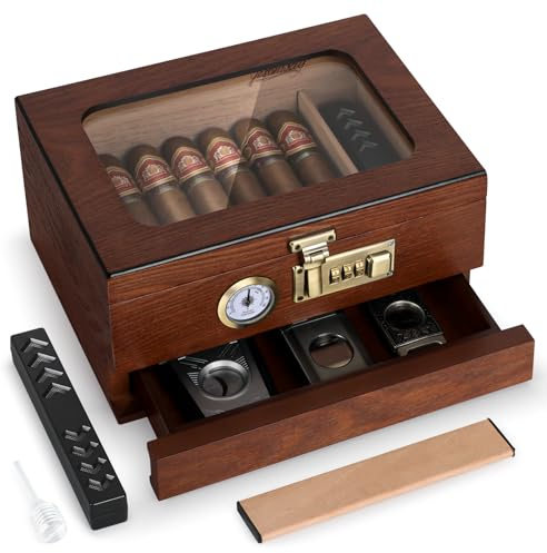Tesonway Zigarren-Humidor, Zedernholz Humidor Zigarrenbox, Glasplatte Desktop Humidor mit Front-Hygrometer, Luftbefeuchter, Trennwand, Zubehörschublade und Zahlenschloss, Hält 20-35 Zigarren (Braun)