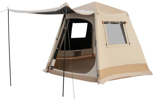 HOMASIS Sechseckiges Campingzelt für 4-6 Personen, automatisches Pop Up Zelt mit 2 Tür & 4 Fenstern, Zelt mit Vordach & Tragetasche, Familienzelt für Camping, Hiking & Trekking, Beige