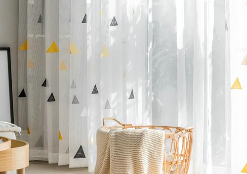 Gualiy Vorhänge Wohnzimmer Lichtdurchlässig, Vorhänge 2er Set Haken 137x160CM Dreiecks Muster Vorhang Weiß Schwarz Gelb Vorhang für Terrasse