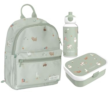 Little Dutch LF-RU-BD-PU Set Kinderrucksack & Brotdose Campus & Trinkflasche Pop-up - Little Farm
