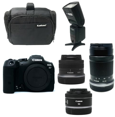 KamKorda Camera Bag + Flash + R7 Mirrorless Camera + RF-S 18-45mm + RF-S 55-210mm + RF 50mm f/1.8 STM lenses, 32.5MP APS-C CMOS Sensor, 4K60 10-Bit Video + 2 Year Warranty