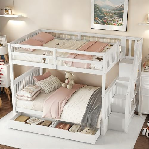 Litera de 140 x 200 cm, cama infantil, cama de matrimonio, con marco para escaleras, con dos cajones, laterales altos (blanco, 140 x 200)