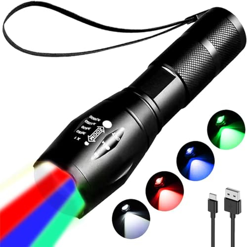 MODOAO Linterna LED 4 en 1, recargable, rojo, verde, azul, blanco, 4 modos de luz de relleno de fotografía, linterna multicolor impermeable con zoom para pesca, camping, senderismo, iluminación diaria