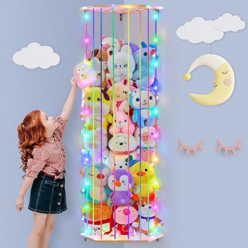 Unicorn Castle Corner Stuffed Animal Storage Wood Soft Toy Shelf with Adjustable Length Large Corner Plush Toys Holder with Light Nursery Hanging Organizer,Rainbow