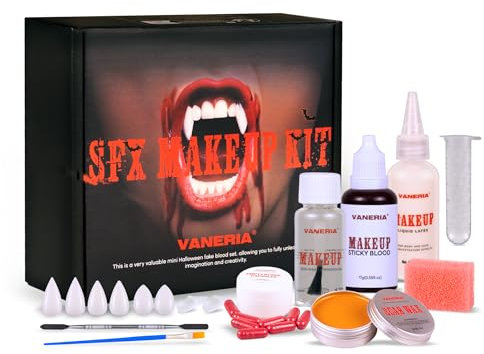 VANERIA Kit de Maquillage Halloween,kit Noël enfant,Dents de Zombie + Faux Sang + Capsule de Sang + Cire de Peau + Huile de Cire de Peau étendue + Latex Liquide, Kit de Maquillage d'effets Spéciaux.