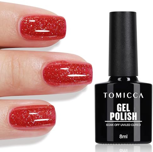 TOMICCA Glitter Gel Nail Polish, Red Gel Nail Polish, Soak Off UV LED Fine Glitter Red Christmas Nail Varnish, Long Lasting High Glossy Nail Art Manicure Salon DIY Gift for Girls 8ml