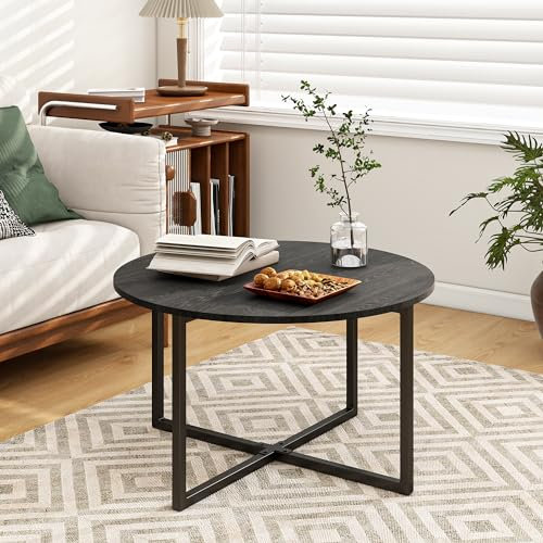 BOFENG Runder Couchtisch, Teetisch, Beistelltisch, Sofatisch für Wohnzimmer, mit Metallbeinen, Schwarz + Schwarz