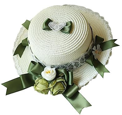MZRAN Chapeau de paille Lolita tissé à la main pour femmes, adolescentes, filles, résistant au soleil, casquette de plage vintage pour femme, accessoire de photographie, vert, Vert, 2-3
