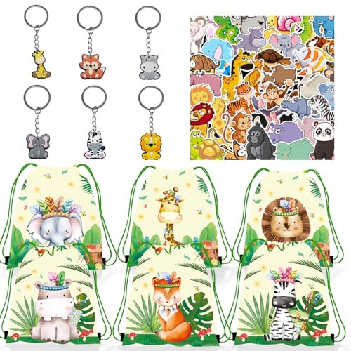 TIVUNORON Dschungeltiere party mitgebsel Set, 52Pcs Kindergeburtstag Party Geschenke, Kinder Kordelzugbeutel, Schlüsselanhänger Silikon, Cartoon Tier Aufkleber, Tierische Party Mitgebsel Geschenke