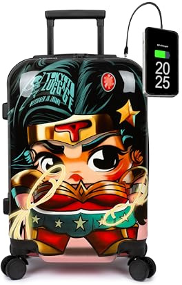 TOKYOTO Kabinentrolley Kinderkoffer Handgepäck Flugzeug für Kinder Mädchen Jungen Fans von Superhelden Cartoons Avengers Kabinenkoffer 55x35x20 cm TSA-Schloss und USB-Anschluss Wonder Babe