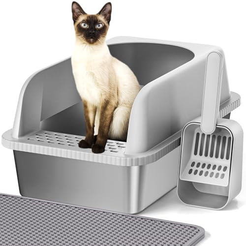 Vailge Cat litter Tray Stainless Steel, Large 20L High-Sided Litter Box with Litter Scoop & Mat, Metal Cat Litter Tray for Medium Cats, 51x36x30cm, Single Pack