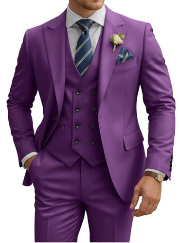 TIJOFA 3 Piece Suit Men Slim Fit Double Breasted Suit for Men Wedding Suits Classic One Button Formal Prom Dinner Tuxedo, Purple, L