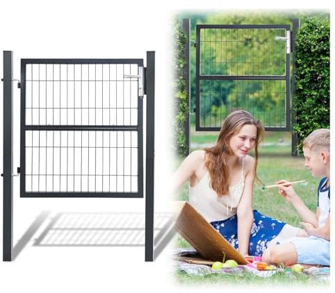ISOISL Cancello da giardino, antracite, 120 x 100 cm, in acciaio zincato, porta del cortile, con serratura e 3 chiavi, recinzione robusta e durevole, resistente alle intemperie