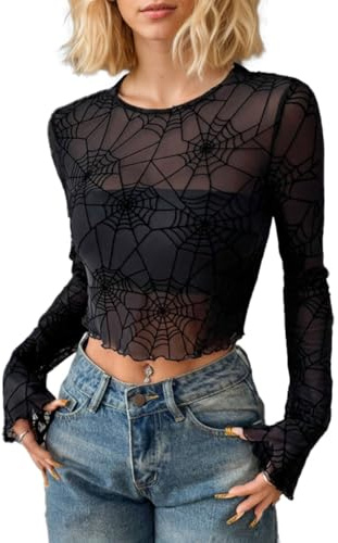 EMOTTOS Women's Sexy Mesh Long Sleeves Tops, Slim Fit Crop Top High Neckline Y2K with Floral Pattern, Transparent Ladies See Through Sheer Tops Party Clubwear T-Shirt for Women, Black, S-L