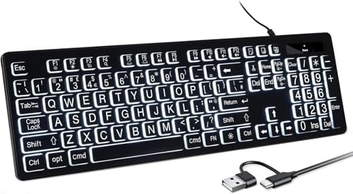 Large Print White Illuminated LED Backlit Keyboard for Mac, Full Size Computer Keyboards with Numeric Keypad Compatible with Apple Mac Pro/Mini, MacBook Pro/Air, iMac (Black, Large)
