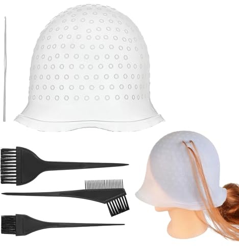 5 Stück Silikon Highlight Kappe,Silikon Strähnchenhaube Set,Strähnchenhaube Wiederverwendbar Mit Löcher,Highlight Haar Kappe,Stränchen Haube Mit Pinseln Und Nadel,Für Salon Haus Haarefärben Zubehör