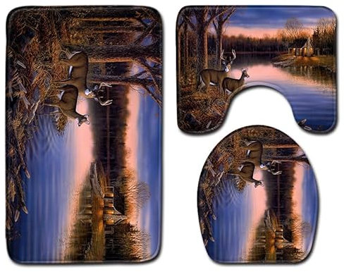 Badezimmerteppich Orange Braun Tier WC Vorleger mit Ausschnitt WC Deckelbezug 3 Teiliges WC Teppich rutschfeste Badgarnitur U förmiger Badematte Waschbar Bad Teppiche Set 45x75 cm