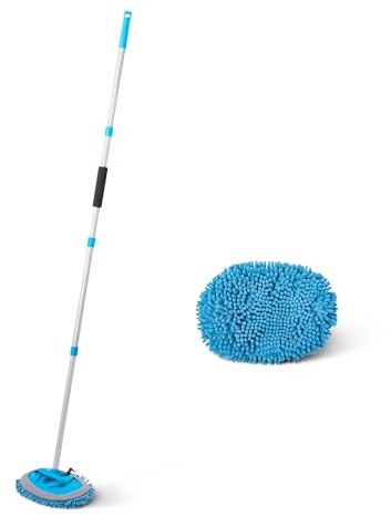 Amazon Basics Telescopic Car Wash Brush, Long Handle Extendable up to 158 cm, Microfiber Pad, Cleaning Kit for Cars, Vans, Trucks, Blue