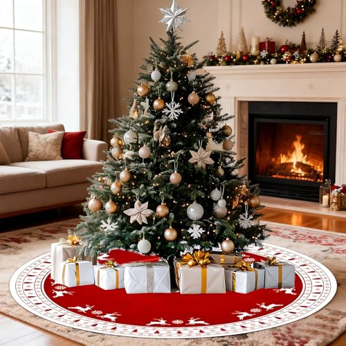 HAINLOGWANG Weihnachtsbaum Unterlage, Weihnachtsbaumdecke Rund 120CM, Elch Schneeflocke Weihnachtsbaum Decke, Weihnachtsbaum Teppich Für Weihnachtsfeier Weihnachtsbaum Deko