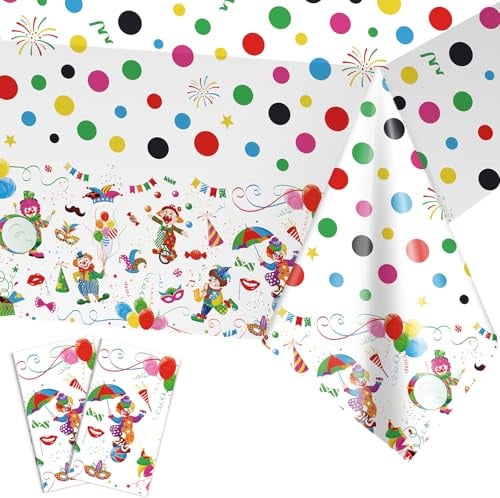 DPKOW 2 STK Clown Tischdecke Karneval Deko, Bunte Tischdeko Faschingsdeko Tisch Zirkus Clown Deko, Tischdecke Faschingsdekoration Karnevalsdekoration Fasnachtsdeko Karneval Partytischdecken, Einweg