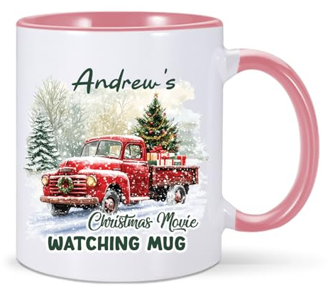 EKAM Personalised Christmas Coffee Mug, Funny Movie Mug Custom with Name, Custom Festive Coffee & Hot Chocolate 11oz Mug - Xmas Gift for Christmas Eve Box, Family, Friends (Pink)