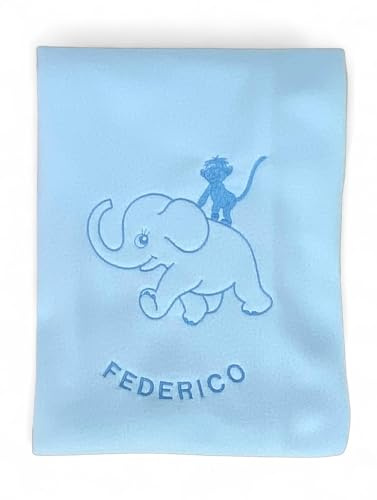 Tex family Fleecedecke personalisiert mit Namen – Elefant – Jungen und Mädchen – Kindergarten Kinderbett Wiege Neugeborene Stickerei Made in Italy – 70 x 100 cm, Hellblau