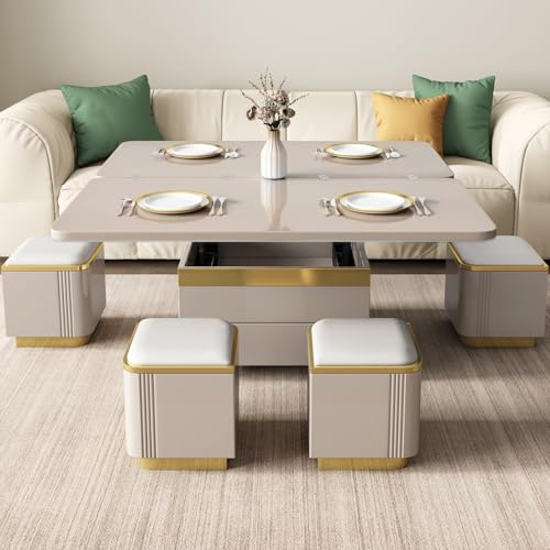 Miuuod Table Basse relevable avec 4 tabourets de Rangement, Table Centrale Moderne avec Plateau en Verre trempé et tiroir, Table à Manger Extensible pour Salon, Bureau Multifonctionnel