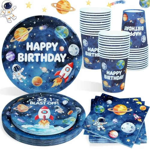 Heboland Astronaut Space Birthday Tableware Set, 100 Pcs | Serves 25 Guests, Galaxy Space Themed Party Plates Cups and Napkins, Universe Party Supplies