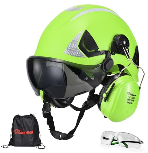 SAFEYEAR Sicherheit Harter Hut mit Anti-Kratzer Brille,Ohrenschützer,EN397 Sicherheitshelme mit Kinnriemen Leichte reflektierende belüftete ABS Harte Hüte für Industriearbeiter 6-Punkt Aufhängung