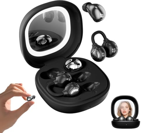 QJF Set di auricolari 2 in 1 con specchio per il trucco, auricolari invisibili per dormire e cuffie a clip aperte, Bluetooth 5.4, 48 ore di riproduzione, microfono ENC, impermeabile IPX5, per orecchie
