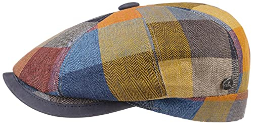 LIERYS City Bic Leder Piping Flatcap Herren - Hochwertige Leinencap gefüttert - Schirmmütze aus 100% Leinen - Made in Italy - Schiebermütze mit Karomuster - Mütze Frühjahr/Sommer bunt 59 cm