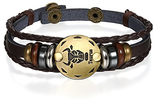 JewelryWe Schmuck Punk Modisch 12 Sternbilder Sternzeichen Herren Damen Charm Armband Geflochten Leder Legierung Multilayer Armreifen, 1/12 Stück - Stier
