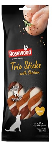Rosewood Trio Sticks – Kaustangen mit Huhn für große Hunde – Ohne Getreide & Gluten – Mit Rinderhaut – Ohne künstliche Zusatzstoffe – 240 g