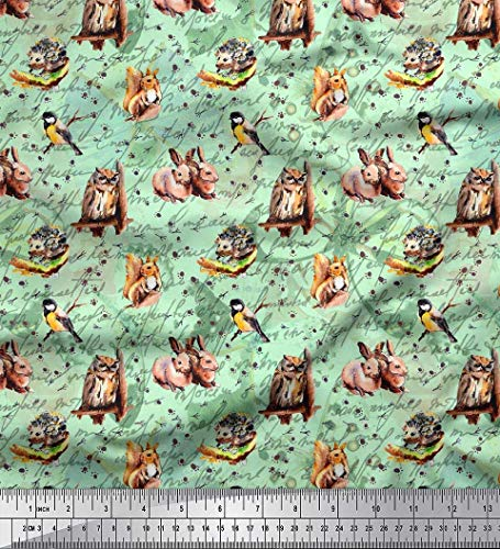 Soimoi Grun Baumwolle Ente Stoff Eule, Eichhurnchen & Kaninchen Tier Stoff drucken 1 Meter 56 Zoll breit