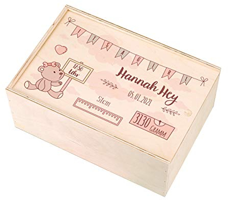 Striefchen® Holzbox zur Erinnerung an das erste Babyjahr oder als Geschenk zur Geburt - mit Namen des Kindes und Geburtsdaten bedruckt Mädchen