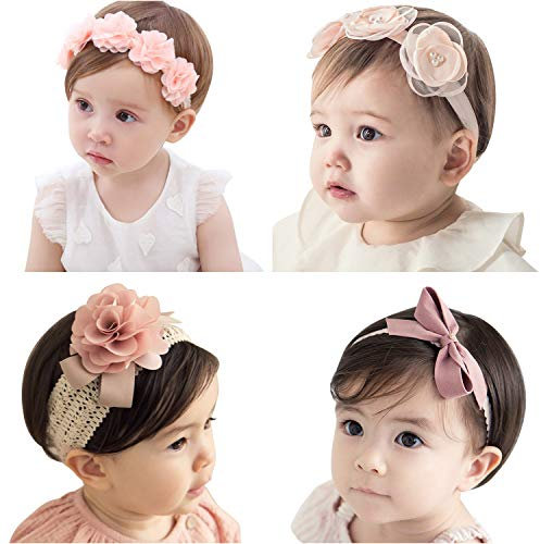 VEGCOO 4 Pcs Baby Girl Headbands with Grosgrain Ribbon Faux Leather Stars for Baby, Girl, Toddler, Kids as Party/Wedding/Photography Accessories (Pink)