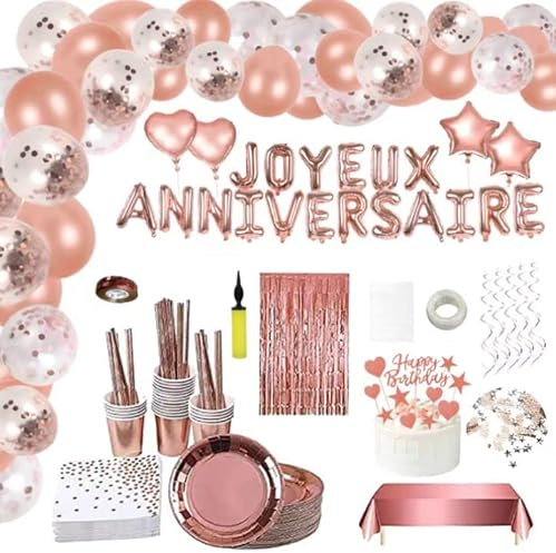 Décoration Anniversaire Rose Or - Guirlande Happy Birthday, Service de Table, Vaisselle Jetable pour 30 Invités, Assiettes, Tasses, Ballons Kit